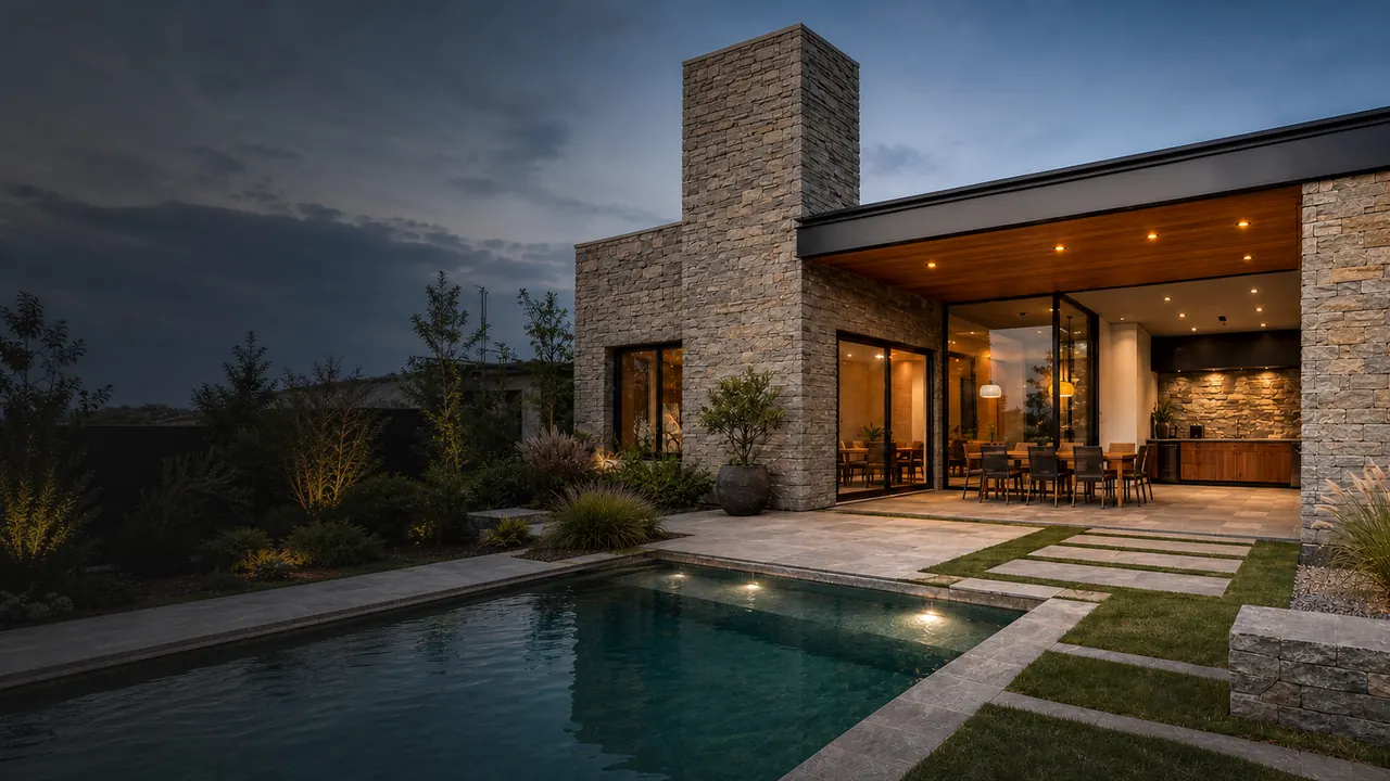Inspiración: casa contemporánea con fachada de piedra natural y jardín iluminado